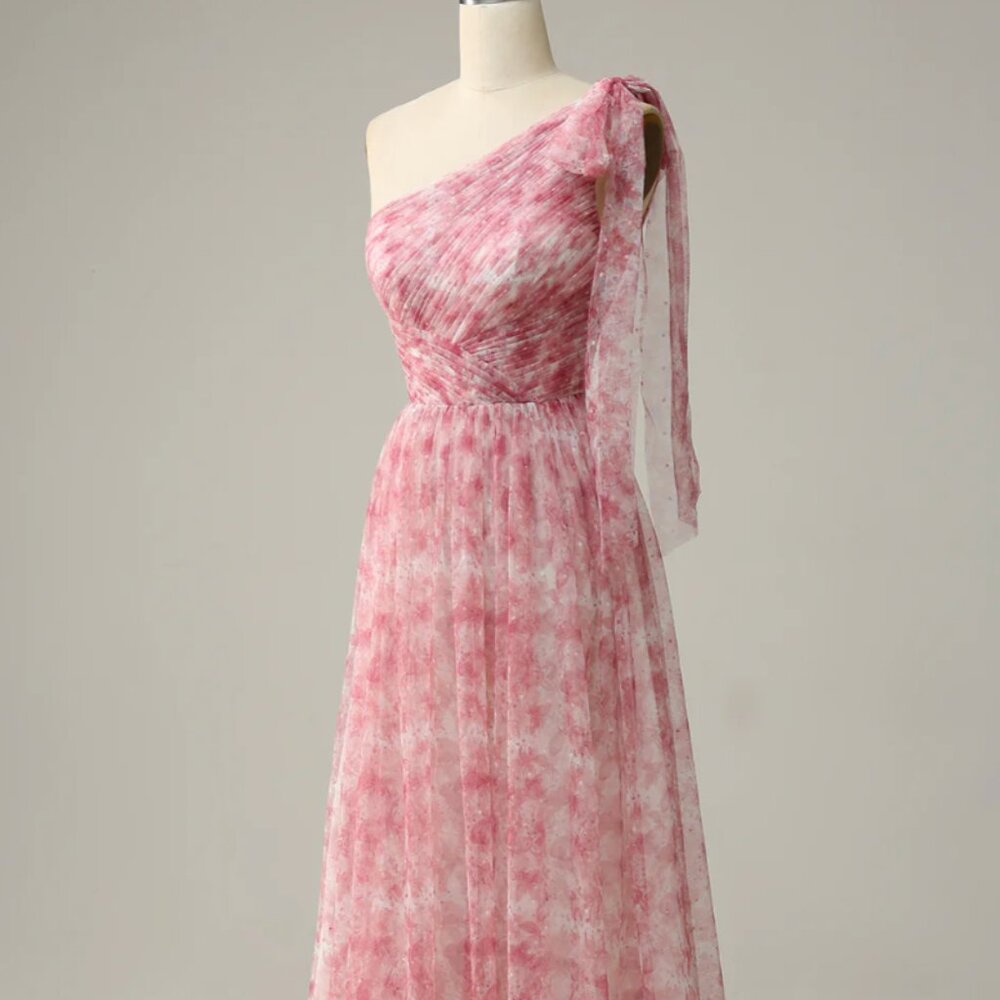 BRAND NEW: Red A Line One Shoulder Floor Length Print Tulle Dress